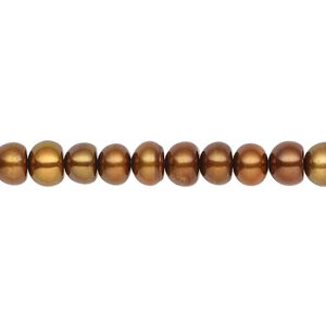 Pearl, cultured freshwater (dyed), antique copper, 5-6mm button, C grade, Mohs hardness 2-1/2 to 4. Sold per 16-inch strand.