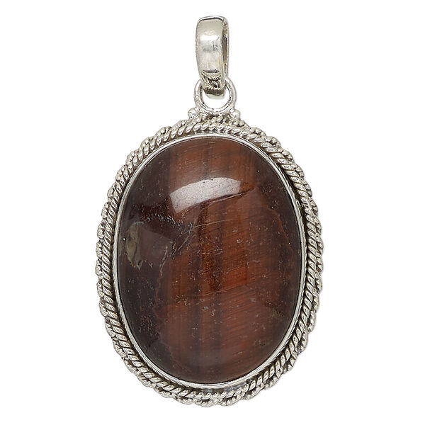 Pendant, red tigereye (heated) and antiqued sterling silver, 36x27mm rope edge oval. Sold individually. image number 0