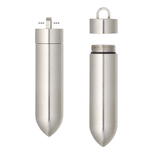 Pendant, silicone and stainless steel, black, 50.5x12mm cylinder with twist-off top. Sold individually. image number 0