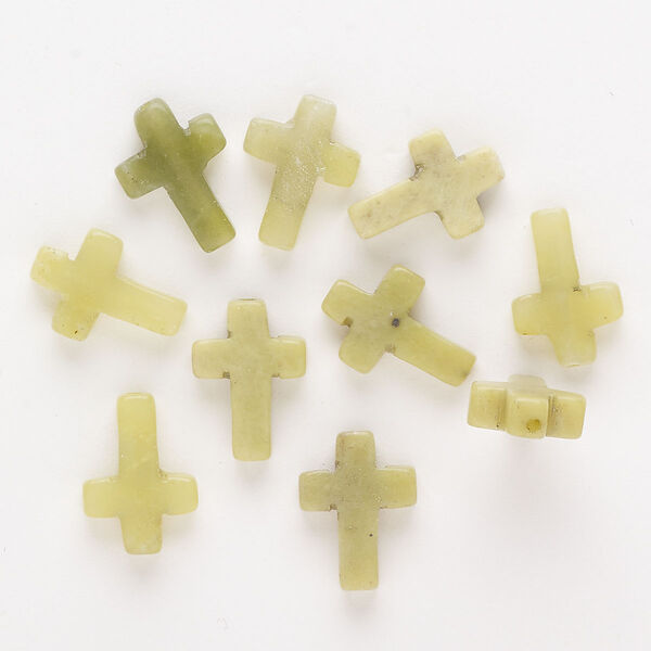 Bead, olive new "jade" (serpentine) (natural), 14x10mm cross, C grade, Mohs hardness 2-1/2 to 6. Sold per pkg of 10. image number 0