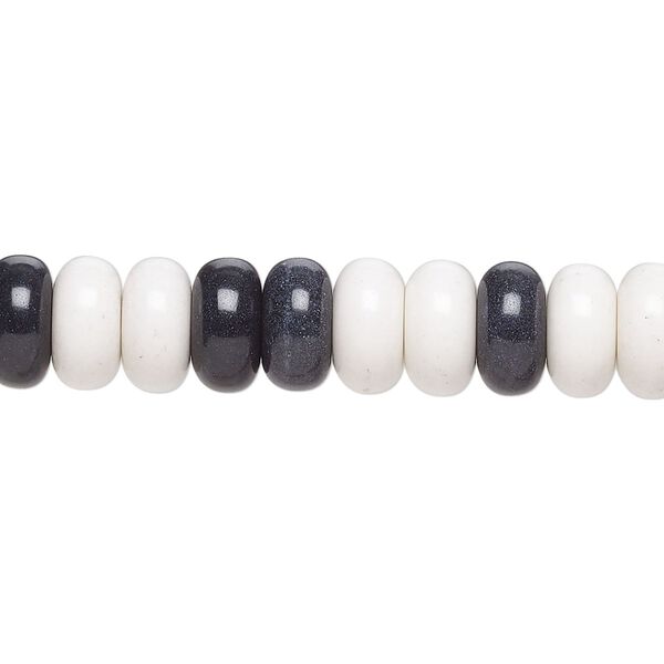 Bead, porcelain, opaque shiny black and white, 8.5x4.5mm rondelle. Sold per 15-12" to 16" strand, approximately 80 to 95 beads. image number 0