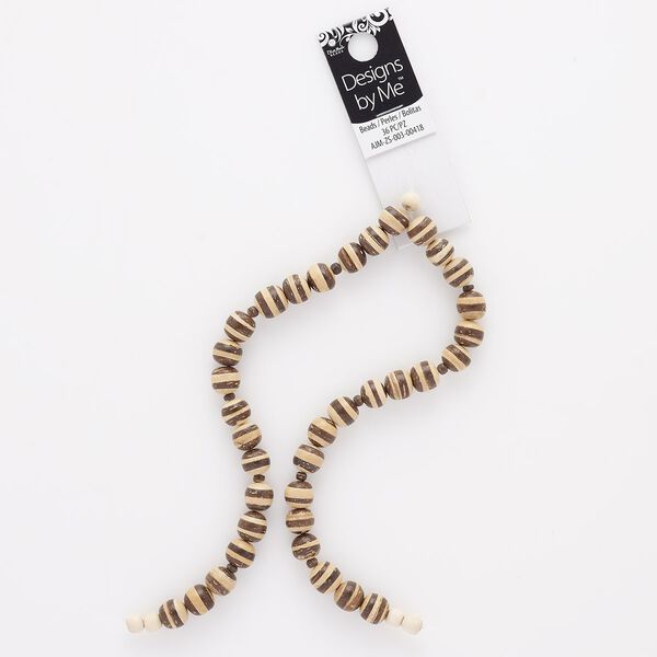 Bead, wood (natural), light brown and dark brown stripes, 9-10mm round with 0.8mm hole. Sold per pkg of 36. image number 0