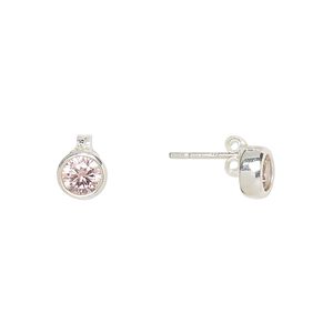 Earstud, Create Compliments®, cubic zirconia and sterling silver, pink, 6.5mm round. Sold per pair.