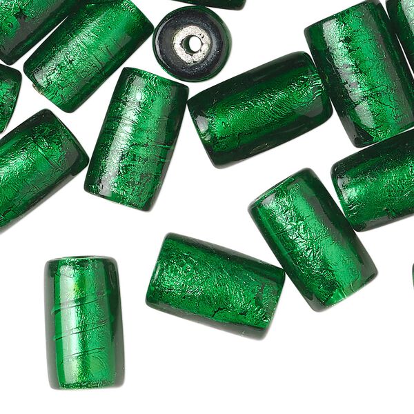 Bead, lampworked glass, opaque green, 15x8mm round tube. Sold per pkg of 40. image number 0