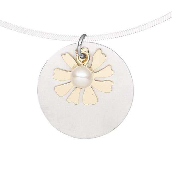 Drop, gold-finished "pewter" (zinc-based alloy) and aluminum, white, 25mm single-sided brushed flat round /16x15mm flat flower / 6mm acrylic pearl with steel jump ring. Sold per pkg of 2. image number 0