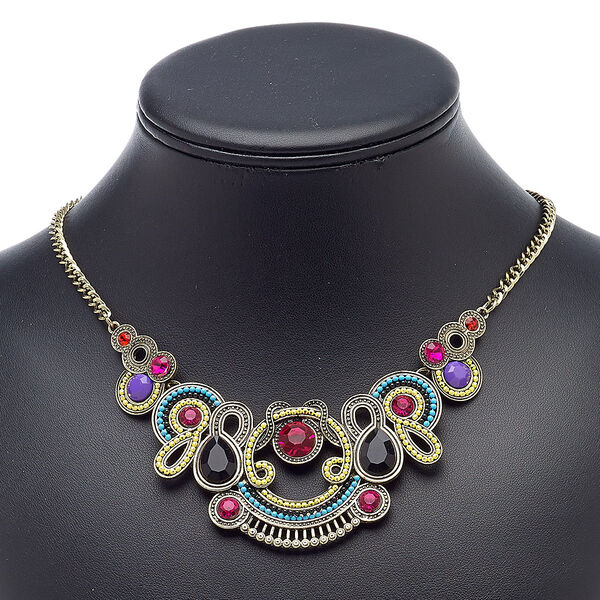 Necklace, acrylic / resin / antique gold-finished steel / aluminum / "pewter" (zinc-based alloy), multicolored, 17 inches with 3-inch extender chain and lobster claw clasp. Sold individually. image number 0