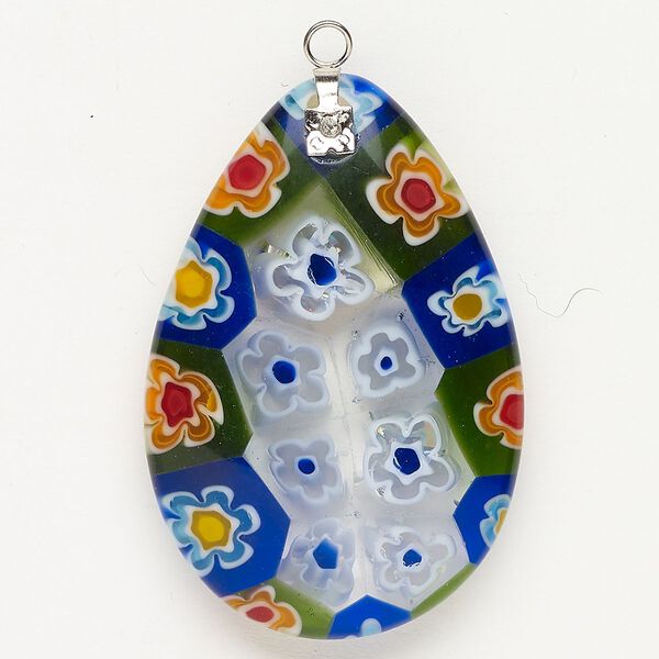 Focal 1pkg1 silver-finished steel and millefiori glass, translucent and transparent multicolored, 44x30mm-46x32mm puffed teardrop. image number 0