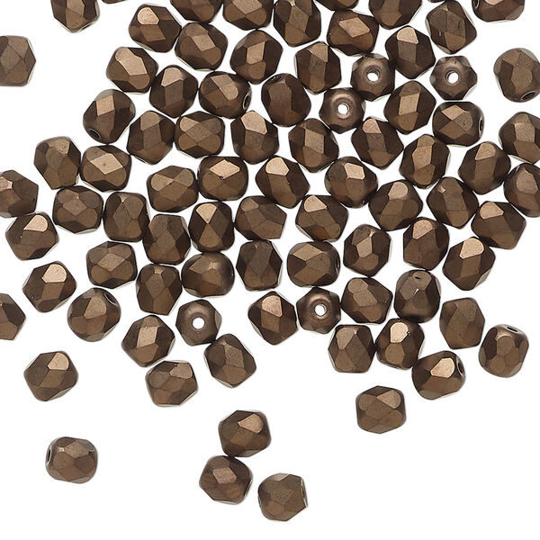 Bead 1pkg100, Czech fire-polished glass, opaque matte black bronze luster, 4mm faceted round. image number 0