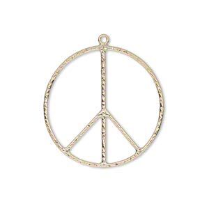 Charm, 14Kt gold-filled, 28mm textured peace sign. Sold individually.