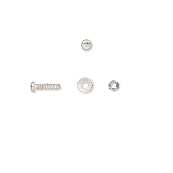 Micro hardware, silver-plated brass, 2.5x1.5mm nut / 4x0.5mm washer / 1/4 inch screw with 1.6mm thread diameter. Sold per pkg of 30. image number 0
