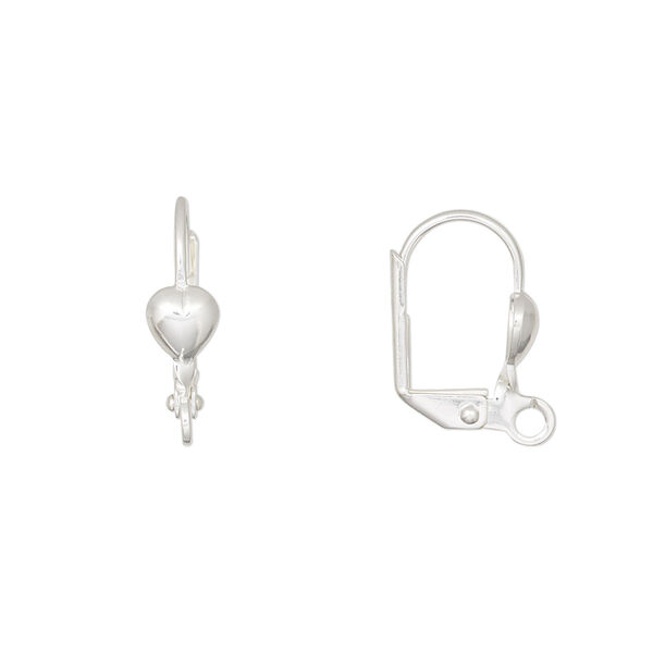 Ear wire, silver-plated brass, 16mm leverback with 5mm heart and open loop. Sold per pkg of 5 pairs. image number 0