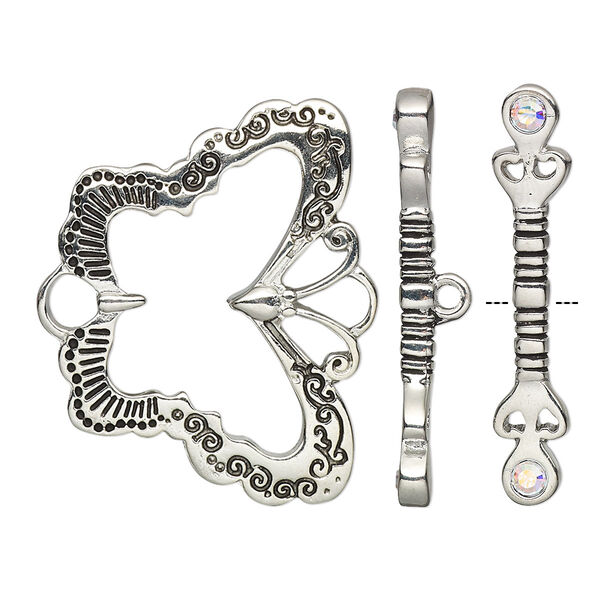 Clasp, toggle, glass rhinestone and antique silver-plated "pewter" (zinc-based alloy), crystal AB, 29x21mm butterfly with bottom loop. Sold individually. image number 0