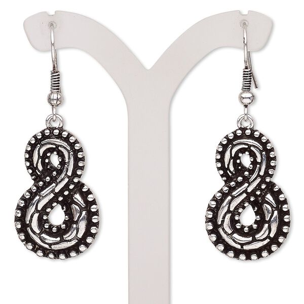 Earring, antique silver-plated brass and "pewter" (zinc-based alloy), 45mm with infinity and fishhook ear wire. Sold per pair. image number 0