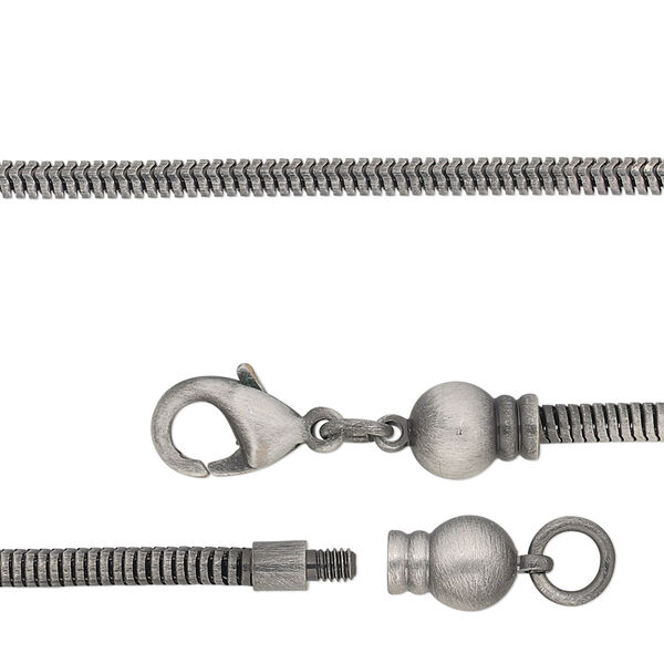 Dione® Easy-On Chain, antique silver-plated brass, 2.6mm snake, 24 inches with 3.3mm threaded ball end and lobster claw clasp. Sold individually. image number 0