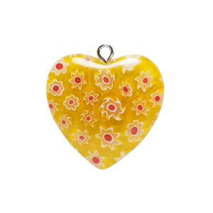 Drop, millefiori glass and silver-finished steel 1pkg1, translucent golden yellow / red / white, 24-26mm puffed heart.