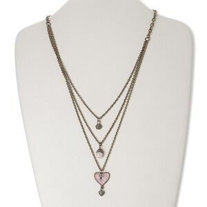 Necklace, acrylic / enamel / glass pearl / glass rhinestone / antique brass-finished "pewter" (zinc-based alloy) / steel, pink and clear, heart, 18 inches with 3-inch extender chain and lobster claw clasp. Sold individually.