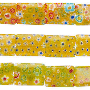 Bead mix, millefiori glass, translucent yellow-orange and multicolored, 18x13mm puffed rectangle with flower design. Sold per pkg of (3) 14-inch strands.