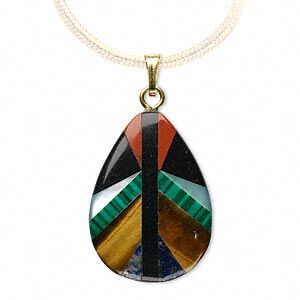 Multi-gemstone / multi-shell / steel 1pkg1, gold-finished teardrop pendant 25x18mm