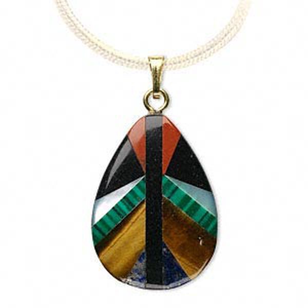 Pendant, multi-gemstone / multi-shell (natural / bleached / dyed / imitation) /  gold-finished steel, multicolored, 25x18mm teardrop. Sold individually. image number 0