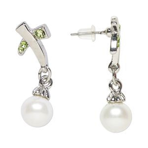 Earring, Everyday Jewelry, antique silver-finished "pewter" (zinc-based alloy) / glass / acrylic pearl, green and white, 34mm with post. Sold per pair.