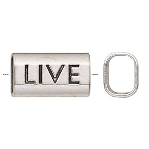 Slide, antique silver-finished "pewter" (zinc-based alloy), 23x13mm single-sided rectangle with "LIVE" and 11x8mm hole. Sold per pkg of 2.