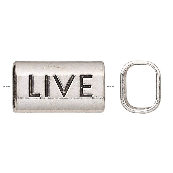 Slide, antique silver-finished "pewter" (zinc-based alloy), 23x13mm single-sided rectangle with "LIVE" and 11x8mm hole. Sold per pkg of 2. image number 0
