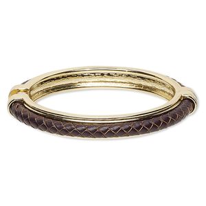 Bracelet, hinged bangle, leather (dyed) with gold-finished steel and "pewter" (zinc-based alloy), brown, 10mm wide with braided design, 7 inches. Sold individually.