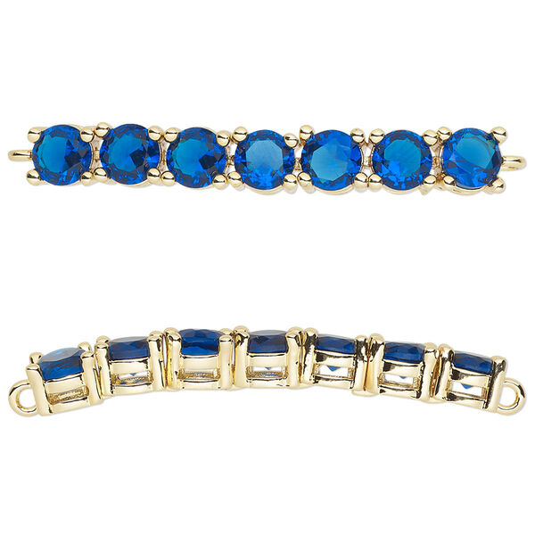 Focal, cubic zirconia and gold-plated brass, sapphire, 40x5mm curved rectangle. Sold individually. image number 0