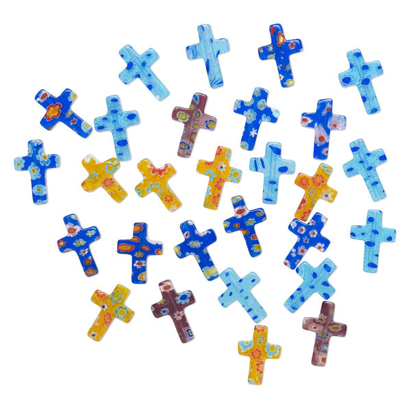 Bead mix 1pkg1, millefiori glass, translucent and transparent multicolored, 17x12mm-20x14mm cross. 2-ounce pkg, approximately 60 beads. image number 1