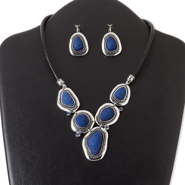 Necklace and earring set, leather (dyed) / glass rhinestone / resin / silver-coated plastic / antique silver-finished brass / "pewter" (zinc-based alloy), dark blue, freeform, 16 inches with 3-inch extender chain and lobster claw clasp, 1-1/2 inch earring with leverback ear wire. Sold per set. image number 0