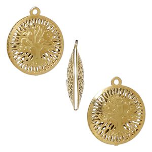 Drop, gold-finished stainless steel, 18mm double-sided domed round with textured cut-out tree of life design. Sold per pkg of 6.