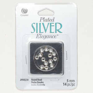 Bead 1pkg20, silver-plated copper, 5mm round.