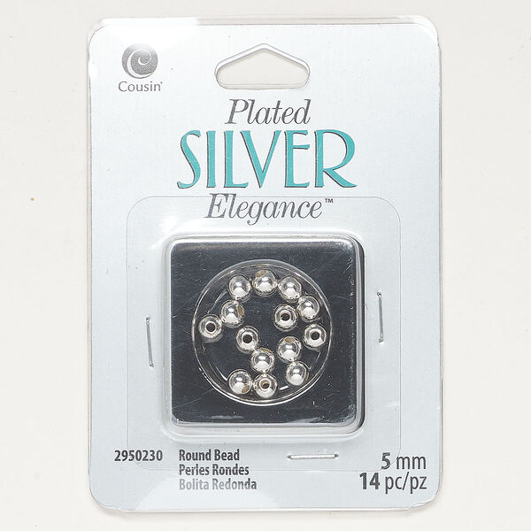Bead 1pkg20, silver-plated copper, 5mm round. image number 0