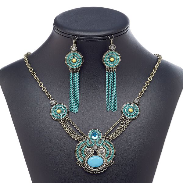Necklace and earring set, acrylic rhinestone / acrylic / glass rhinestone / enamel / antique gold-finished brass / steel / "pewter" (zinc-based alloy), multicolored, 18-inch necklace with 3-inch extender chain and lobster claw clasp, 3-1/2 inch earrings with leverback ear wire. Sold per set. image number 0