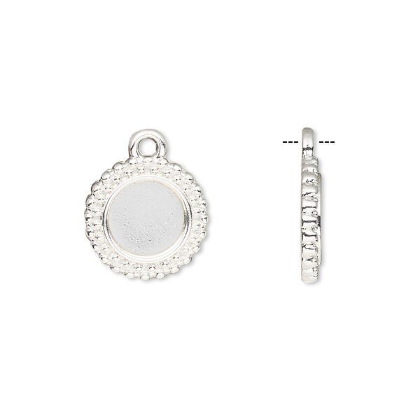 Drop, silver-finished brass, 13mm single-sided beaded round with 8mm round setting. Sold per pkg of 10. image number 0