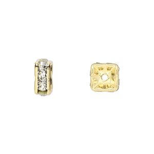 Bead, glass rhinestone and gold-finished brass, clear, 8x4mm squaredelle. Sold per pkg of 10.