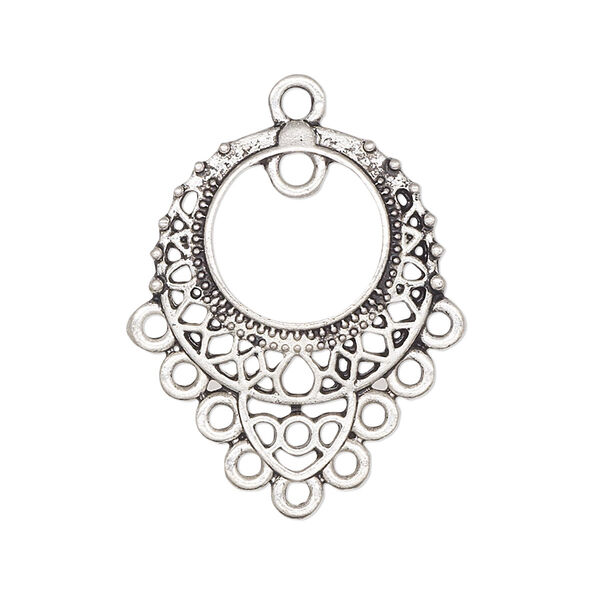 Drop, antique silver-plated "pewter" (zinc-based alloy), 26x23mm single-sided filigree with 10 loops. Sold per pkg of 10. image number 0