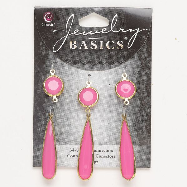 Brass / acrylic 1pkg6, round / teardrop link / drop assortment antique gold-finished / pink 13mm / 37mm image number 0