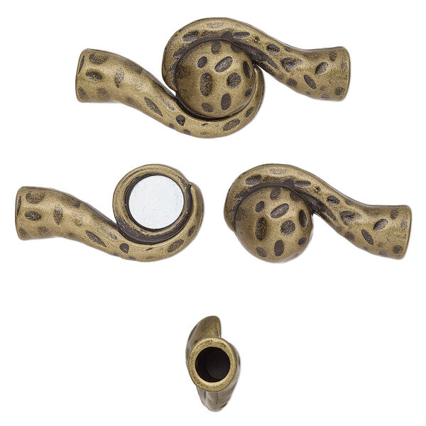 Clasp, magnetic, antique brass-plated "pewter" (zinc-based alloy), 48x22mm double-sided hammered swirl with glue-in ends, 6mm hole. Sold individually. image number 0
