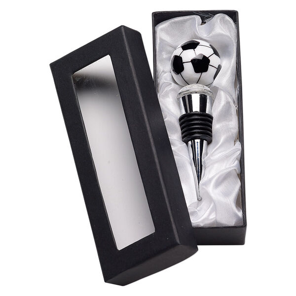 Bottle stopper, lampworked glass / rubber / silver-plated "pewter" (zinc-based alloy), clear / black / white, 3-3/4 x 1-1/2 inches with soccer ball. Sold individually. image number 0