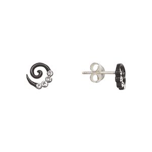 Earstud, Create Compliments®, sterling silver and crystal, black and clear, 7mm swirl. Sold per pair.