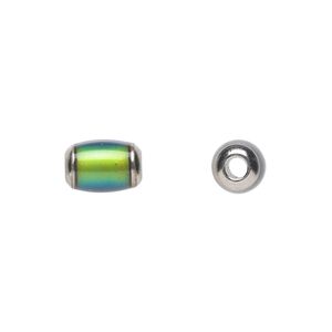 Bead, acrylic and imitation rhodium-plated brass, multicolored, 10x8mm color-changing barrel. Sold per pkg of 6.