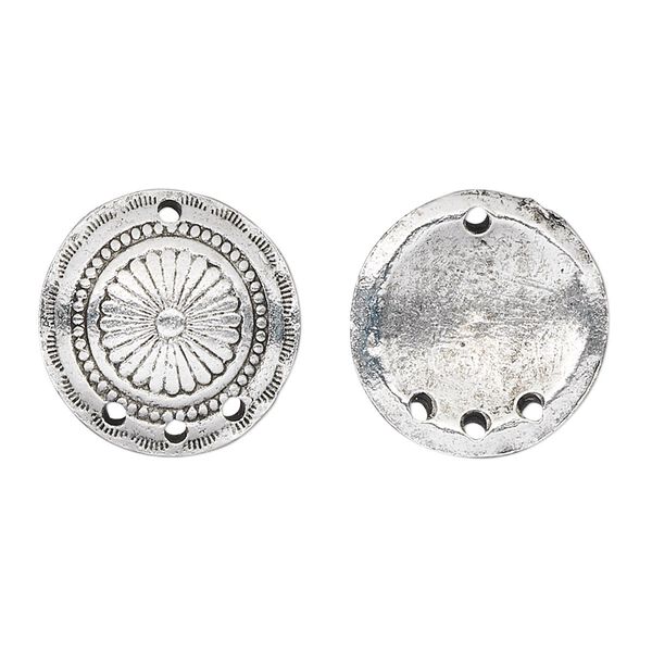 Drop, antique silver-plated pewter (tin-based alloy), 18mm concho disc with flower. Sold per pkg of 2. image number 0