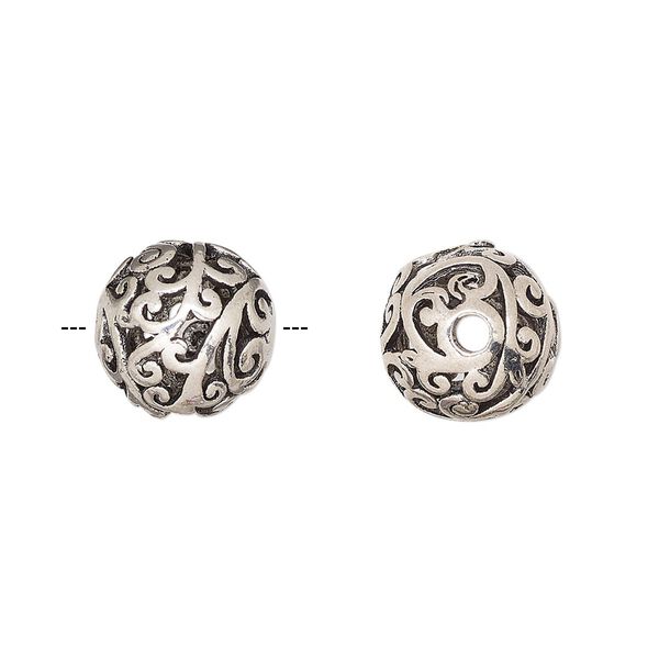 Bead, silver-finished brass, 12mm round with vine cutout. Sold per pkg of 2. image number 0
