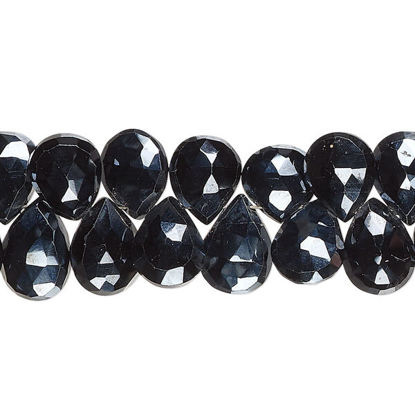 Bead, black spinel (coated), 8x6mm-12x8mm hand-cut top-drilled faceted puffed teardrop, B grade, Mohs hardness 8. Sold per 8-inch strand, approximately 50 beads. image number 0