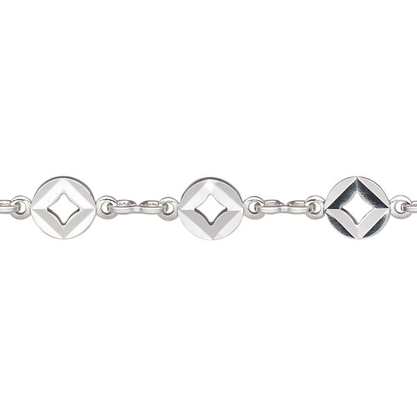 Chain, silver-plated brass, 5.5mm flat round with diamond cutout. Sold per pkg of 5 feet. image number 0