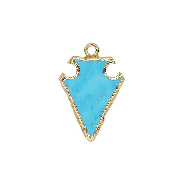 Drop, magnesite (dyed / stabilized) / electroplated gold / gold-finished sterling silver, blue, 20x15mm hand-cut arrowhead. Sold individually. image number 0