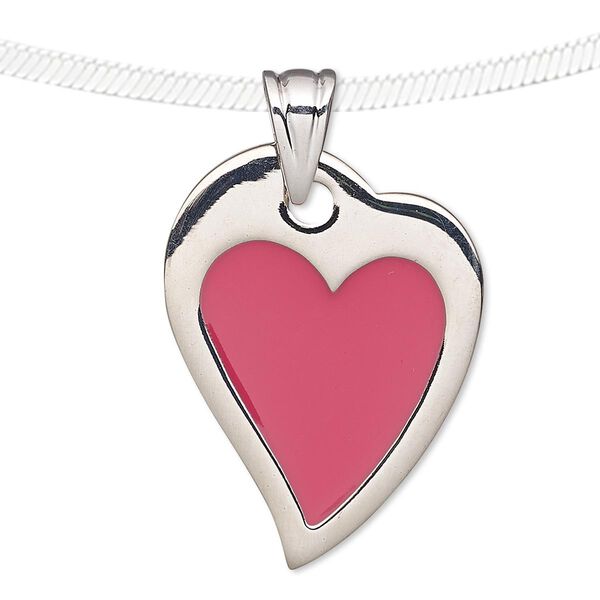 Pendant, enamel and silver-plated pewter (tin-based alloy), pink, 31x24mm heart. Sold individually. image number 0