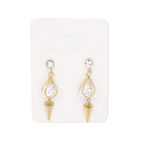 Earring, cubic zirconia / glass rhinestone / gold-finished stainless steel, clear, 34.5mm with cone and post. Sold per pair. image number 0