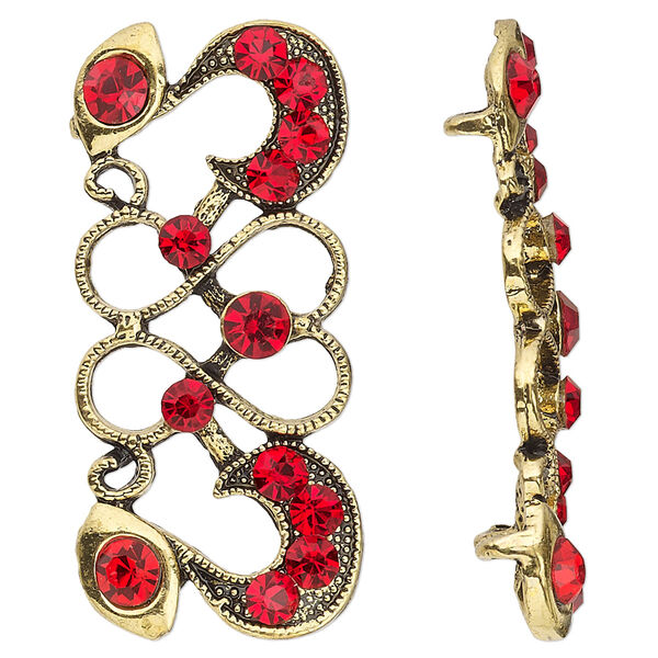 Spacer, antiqued gold-finished "pewter" (zinc-based alloy) and Czech glass rhinestone, light Siam, 40x19mm 2-strand fancy rectangle with heart and swirl design. Sold per pkg of 4. image number 0